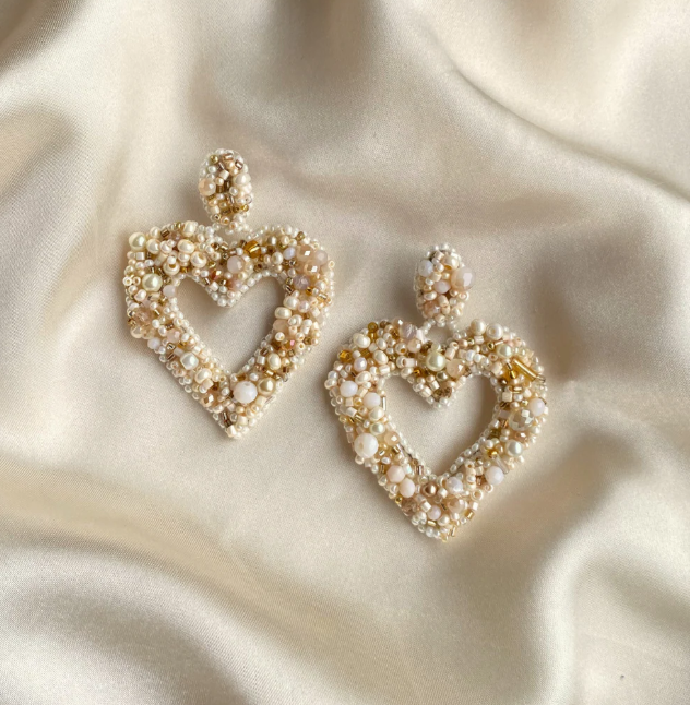 Beaded Heart Earrings beige