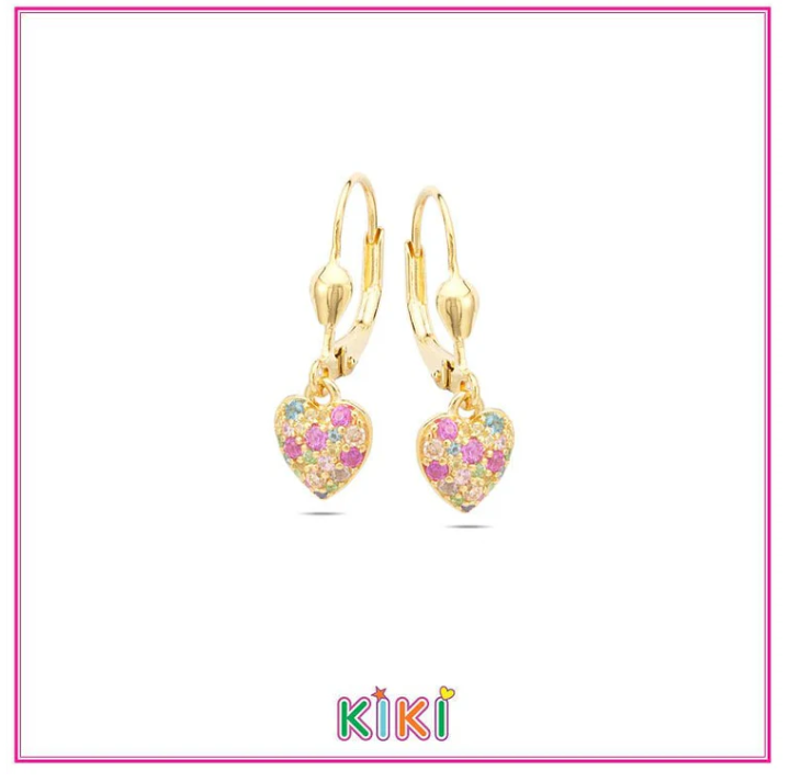 Zilveren kinderoorbellen goldplated met hangertjes hartjes multi | Kiki