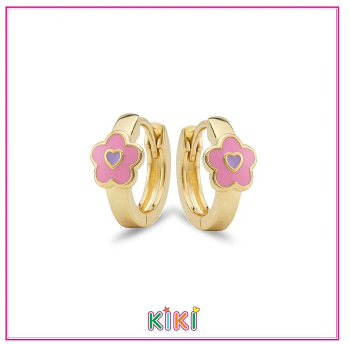 Zilveren kinderoorbellen creolen/oorringen goldplated met donkerroze bloemetje | Kiki (#colors)