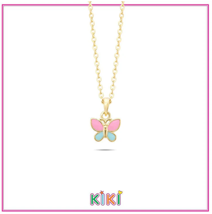 Zilveren kinder ketting goldplated vlinder roze/blauw | Kiki
