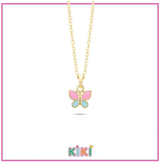 Zilveren kinder ketting goldplated vlinder roze/blauw | Kiki
