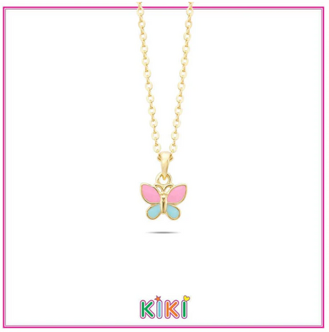 Zilveren kinder ketting goldplated vlinder roze/blauw | Kiki