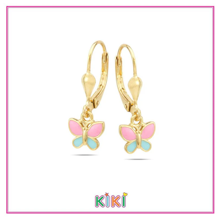 Zilveren kinderoorbellen goldplated met hangertjes vlinder blauw/roze | Kiki