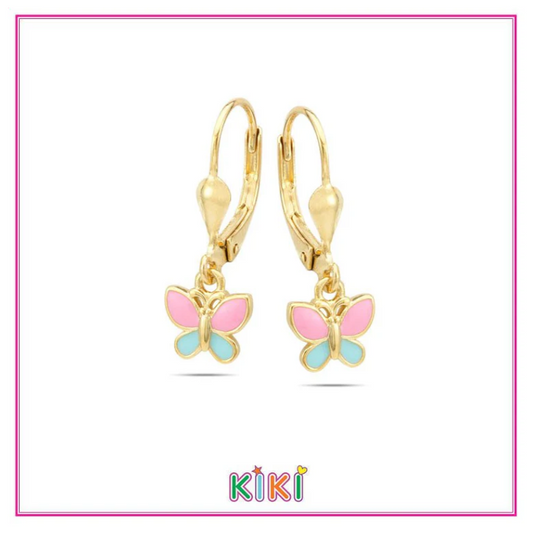 Zilveren kinderoorbellen goldplated met hangertjes vlinder blauw/roze | Kiki