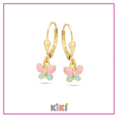 Zilveren kinderoorbellen goldplated met hangertjes vlinder blauw/roze | Kiki