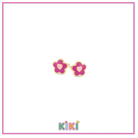 Zilveren kinderoorbellen gold plated bloemetje donkerroze | Kiki