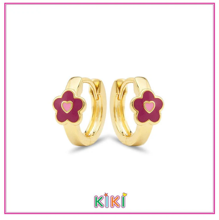 Zilveren kinderoorbellen creolen/oorringen goldplated met donkerroze bloemetje | Kiki (#colors)