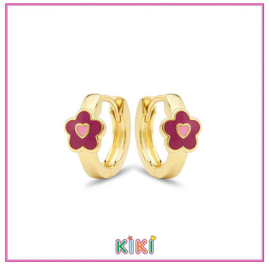 Zilveren kinderoorbellen creolen/oorringen goldplated met donkerroze bloemetje | Kiki (#colors)