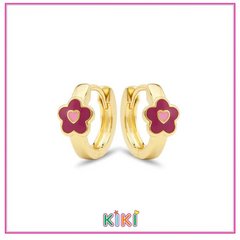 Zilveren kinderoorbellen creolen/oorringen goldplated met donkerroze bloemetje | Kiki (#colors)