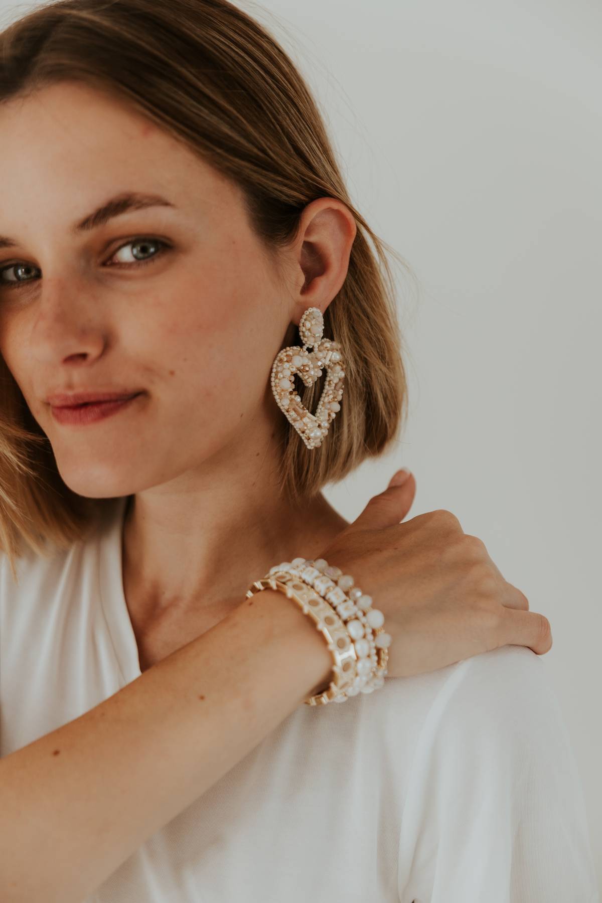 Beaded  Heart Earrings beige